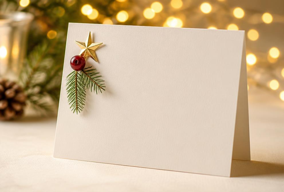 An ivory Christmas card with a gold star, evergreen sprig and warm fairy lights